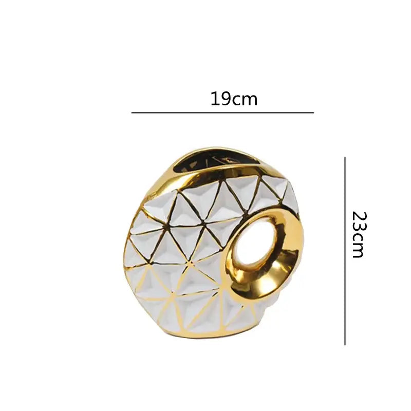 Textured white and decorbites golden ceramic vase with gold trim and geometric pattern for living room decor