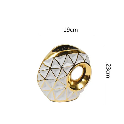 Textured white and decorbites golden ceramic vase with gold trim and geometric pattern for living room decor