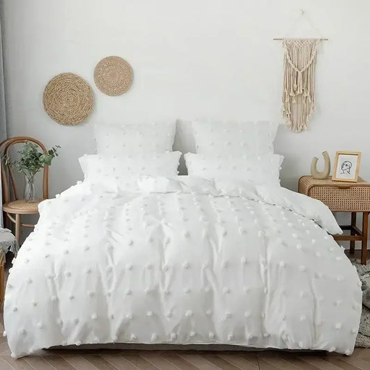 Textured white pom pom quilt cover set featuring soft fluffy embellishments for stylish bedroom bedding