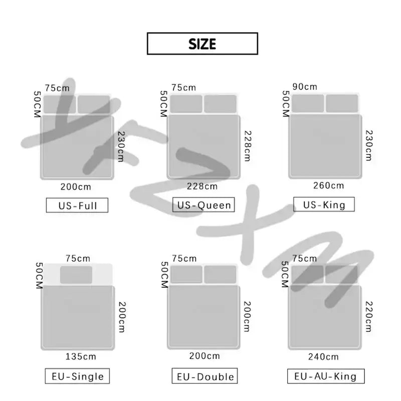Size chart showing dimensions for a textured white pom pom quilt cover set for bedroom bedding use
