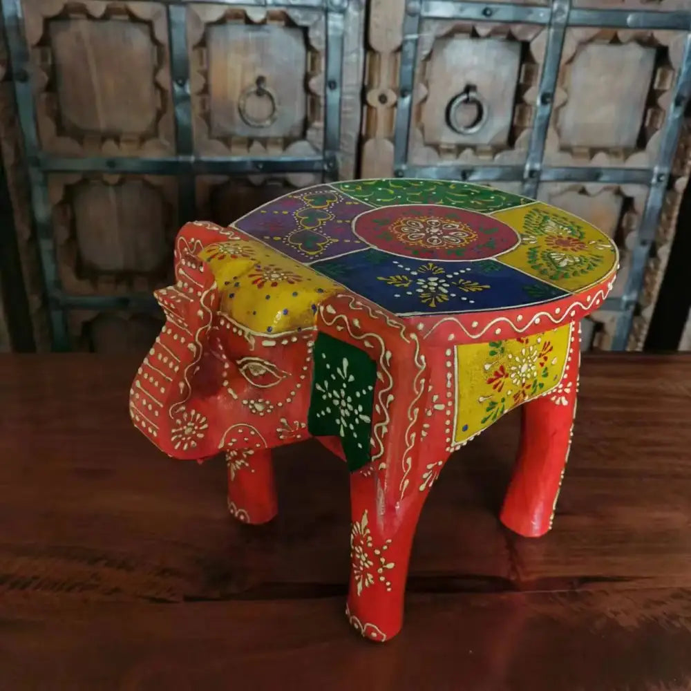 Thai style ethnic decorbites handmade elephant stool in turquoise and red with intricate gold detailing for living room decor