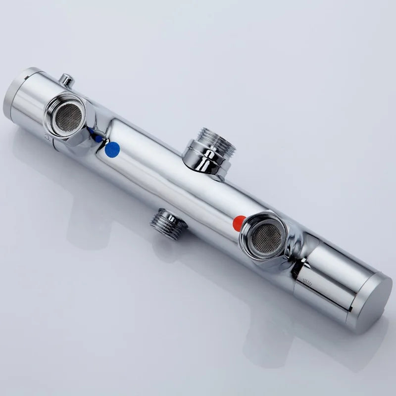 Chrome thermostatic bathtub shower faucet mixer valve with blue and red hot cold indicator dots wall mounted