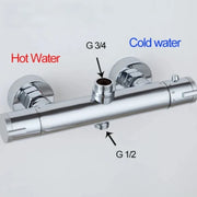 Chrome finished dual-handle thermostatic bathtub shower mixer valve with labeled hot and cold water inlets backside view