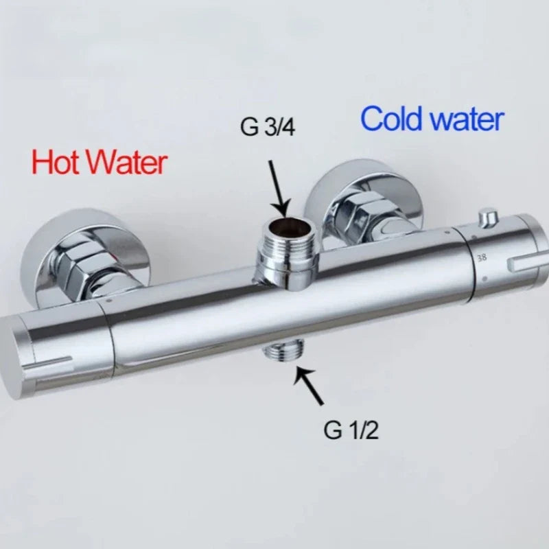 Chrome finished dual-handle thermostatic bathtub shower mixer valve with labeled hot and cold water inlets backside view