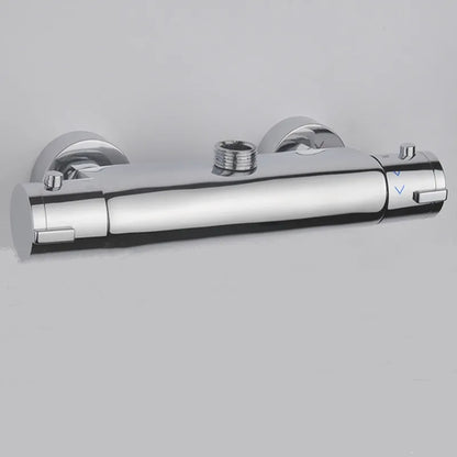 Thermostatic bathtub shower faucet chrome dual-handle wall mounted mixer with sleek modern design and temperature control knobs