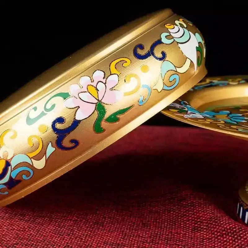 Golden enamel manda pan bracelet with intricate pink blue green yellow floral scrollwork for decorbites cloisonné tea pan