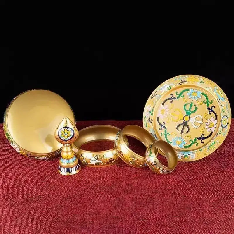 Golden tibetan-style tea pan with intricate enamel floral designs on polished brass base by decorbites cloisonné manda