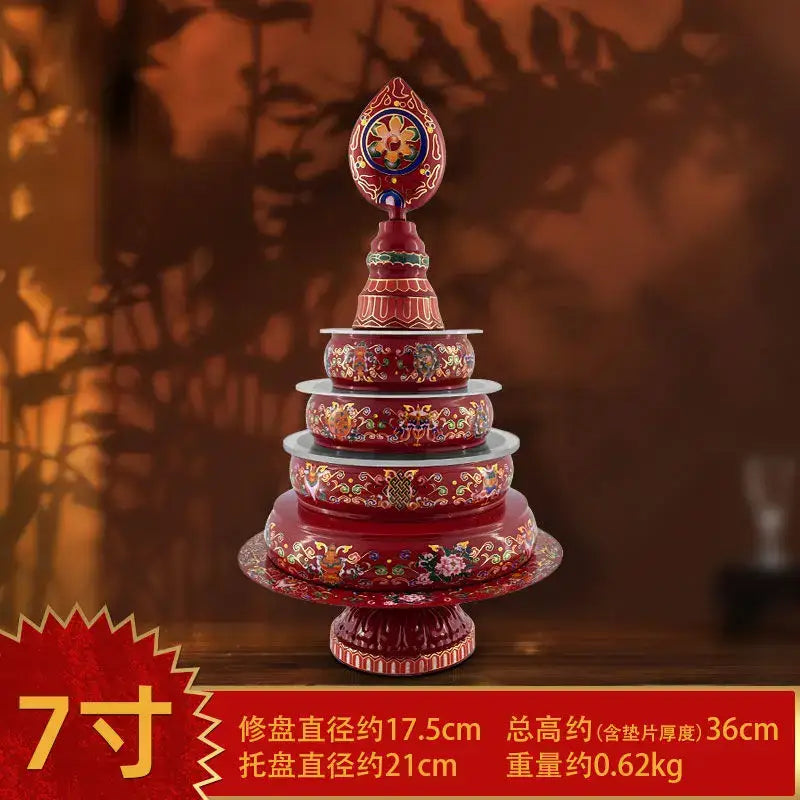 Red ceramic buddhist prayer wheel tea pan with intricate gold and colorful floral patterns for decorbites cloisonné manda pan