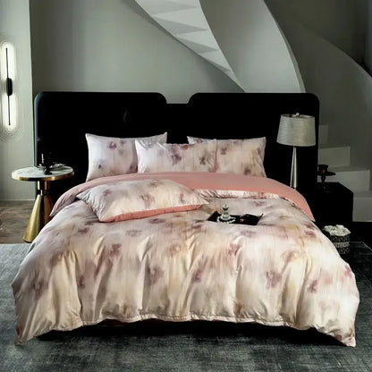 A soft blush pink and cream floral satin duvet set with matching pillowcases on a black bed frame decorbites cotton bedding set