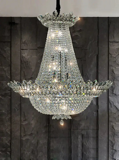 Tiered crystal chrome led chandelier with clear faceted decorbites k9 crystal and warm lighting for living room decor