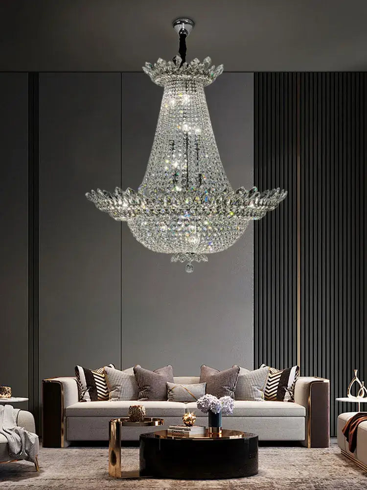 A tiered crystal chrome led chandelier with fluted design and k9 crystal decorbites for elegant living room lighting