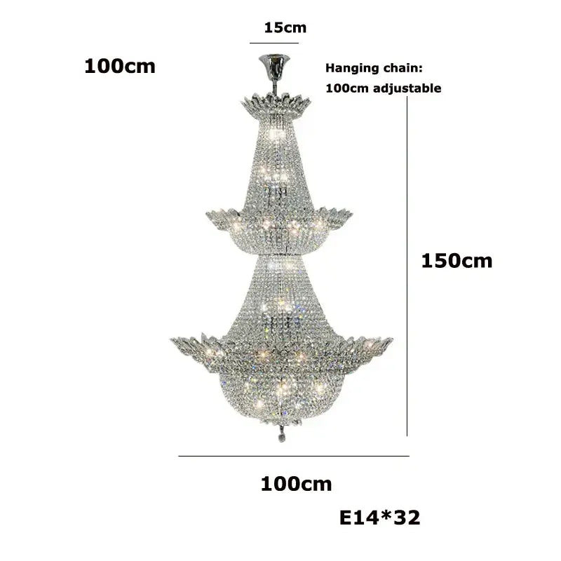 A three-tiered crystal chrome led chandelier with silver-toned metal frame and decorbites k9 crystal accents for living room lighting