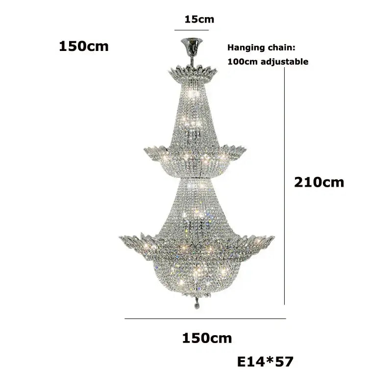 A three-tiered crystal chrome led chandelier with silver-toned metal frame and k9 crystal decorbites accents for living room lighting