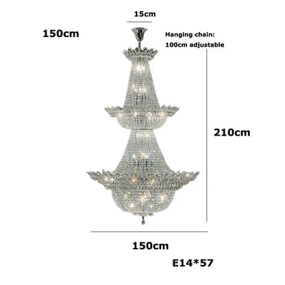 A three-tiered crystal chrome led chandelier with silver-toned metal frame and k9 crystal decorbites accents for living room lighting