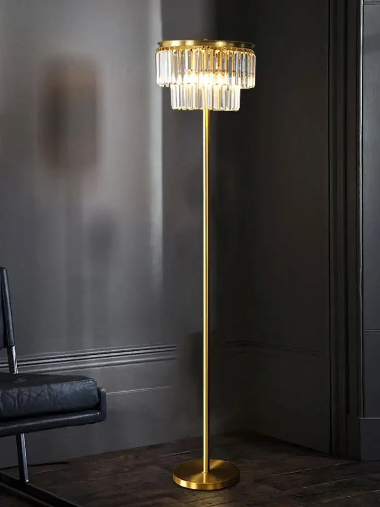 Gold-toned tiered crystal table lamp with gray accents perfect as a decorbites crystal table lamp for bedroom use