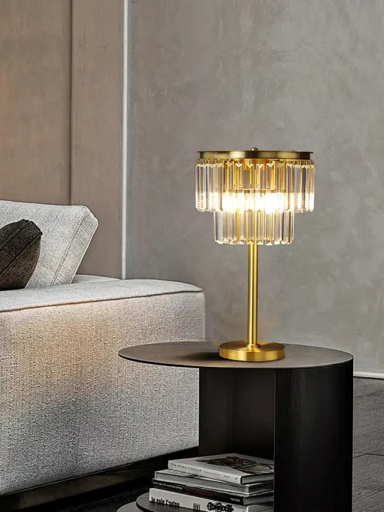 Tiered gold and gray crystal table lamp with cascading prisms for bedroom nightstand decorbites crystal table lamp