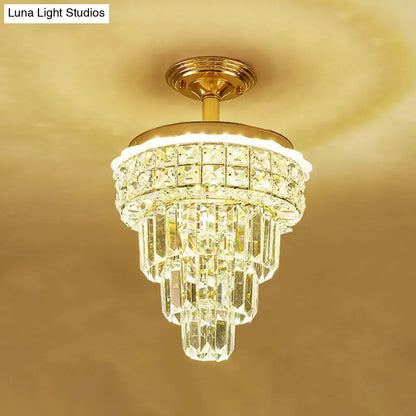 Tiered gold and optical crystal foyer chandelier with decorbites optical crystal and gold inch fixture mounting plate and stem