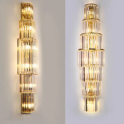 Tiered gold crystal wall lamp with clear crystal rods and metallic frames for elegant living room decorbites crystal wall lighting