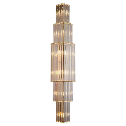 A modern tiered gold crystal wall lamp with clear glass rods for elegant living room decorbites crystal wall lamp