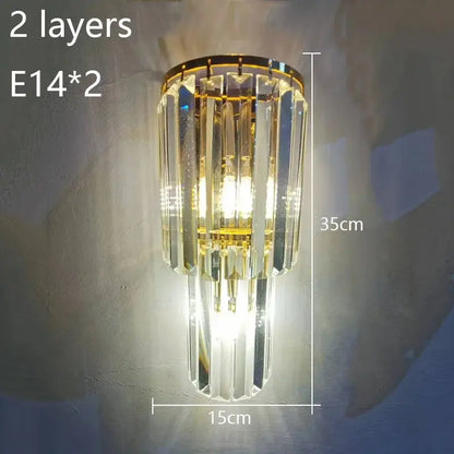 Gold-toned wall lamp with two tiers of faceted crystal prisms decorbites crystal wall lamp for living room decor