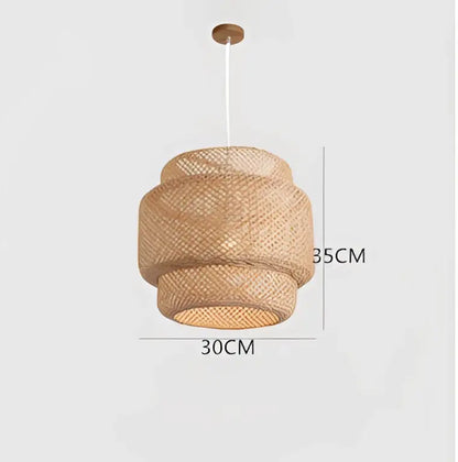 Natural woven bamboo pendant light with tiered cylindrical layers and wooden ceiling mount for dining room use
