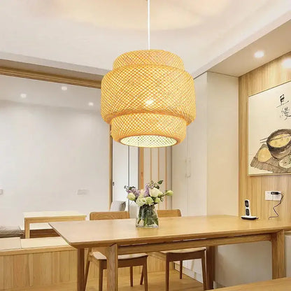 Tiered golden bamboo pendant light with natural woven rattan lattice pattern for dining room pendant light