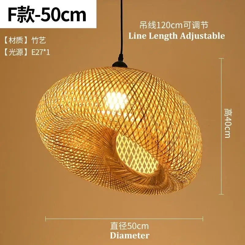 A warm golden decorbites bamboo chandelier with woven lattice design and adjustable 120cm cord for dining room lighting