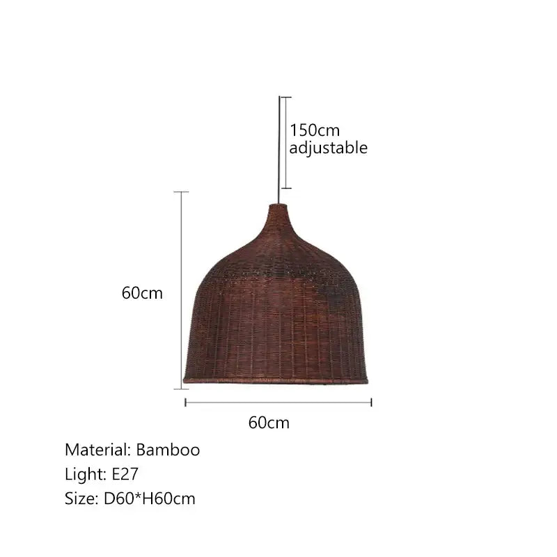 Brown dome-shaped bamboo weaving led pendant light with adjustable hanging length for dining room use