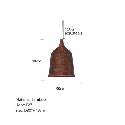 A rustic brown bamboo weaving led pendant light with a woven bell-shaped shade and adjustable 150cm chain for dining room