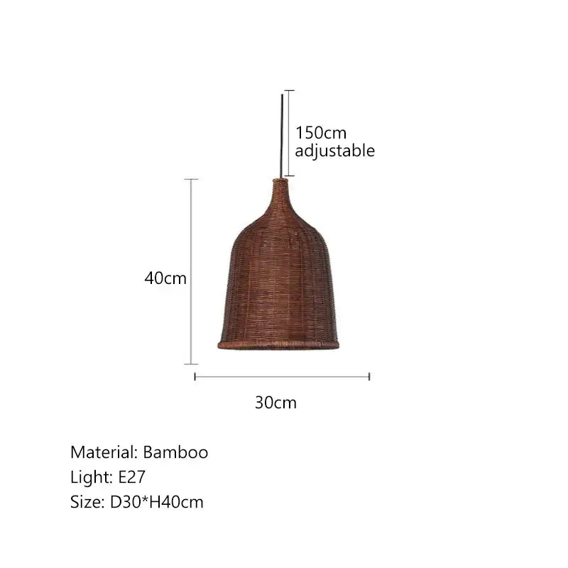 A rustic brown bamboo weaving led pendant light with a woven bell-shaped shade and adjustable 150cm chain for dining room
