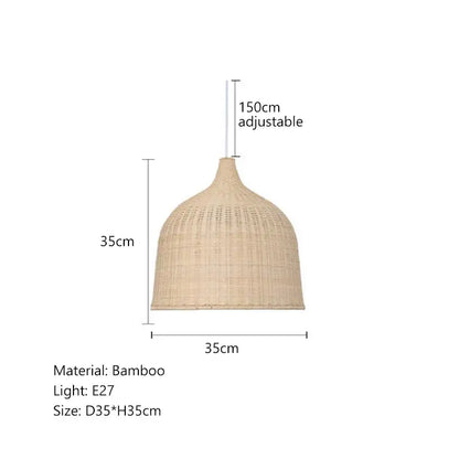 Beige bamboo weaving led pendant light with woven dome-shaped shade and adjustable hanging length for dining room