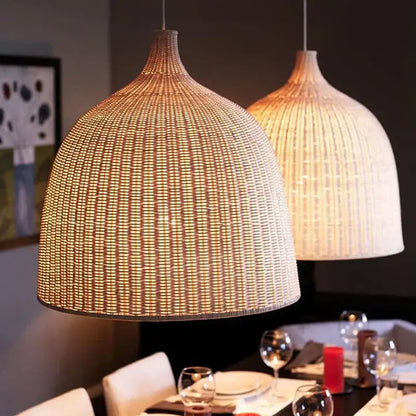 Natural woven rattan dome pendant light with warm texture and vertical ribbing in tiered bamboo weaving led pendant lights