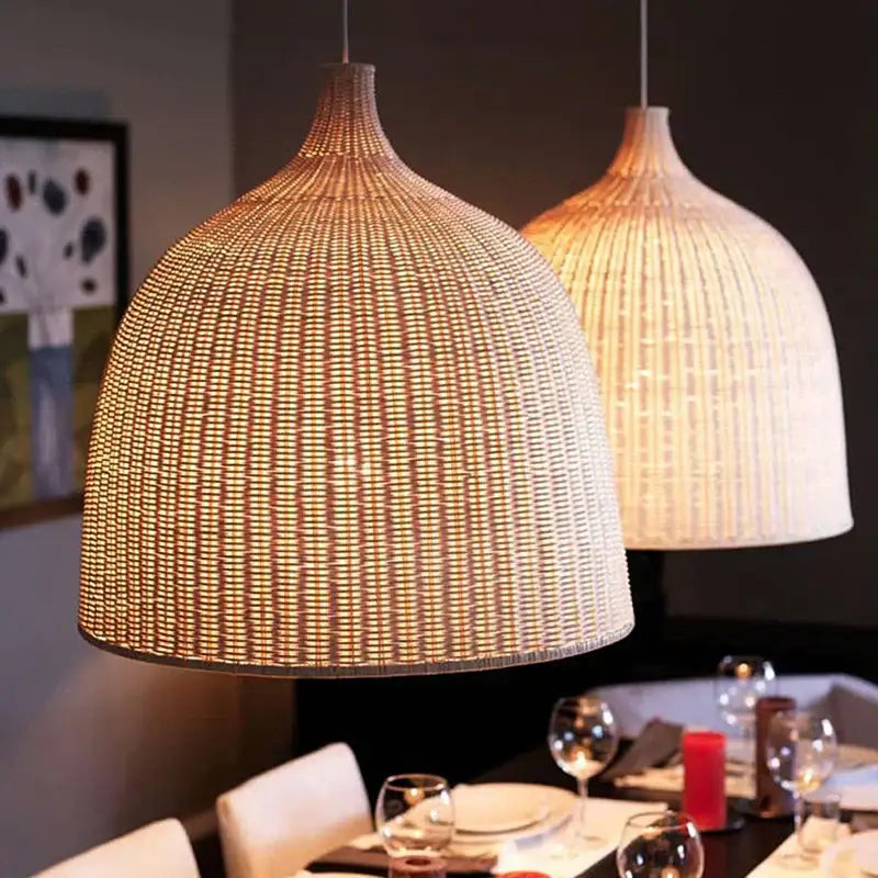Natural woven rattan dome pendant light with warm texture and vertical ribbing in tiered bamboo weaving led pendant lights