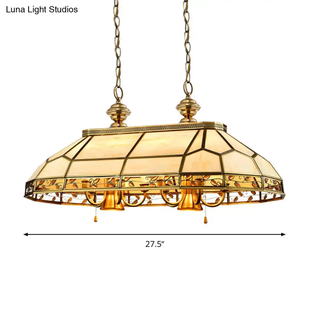 Gold-toned tiffany-style pendant light with floral stained glass panels and a 27.5-inch span for restaurant lighting