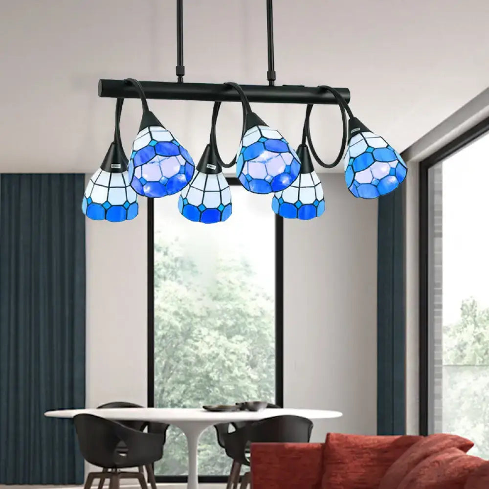 Blue and white stained glass pendant light with black metal frame for kitchen island lighting by DecorBites™ Tiffany Style