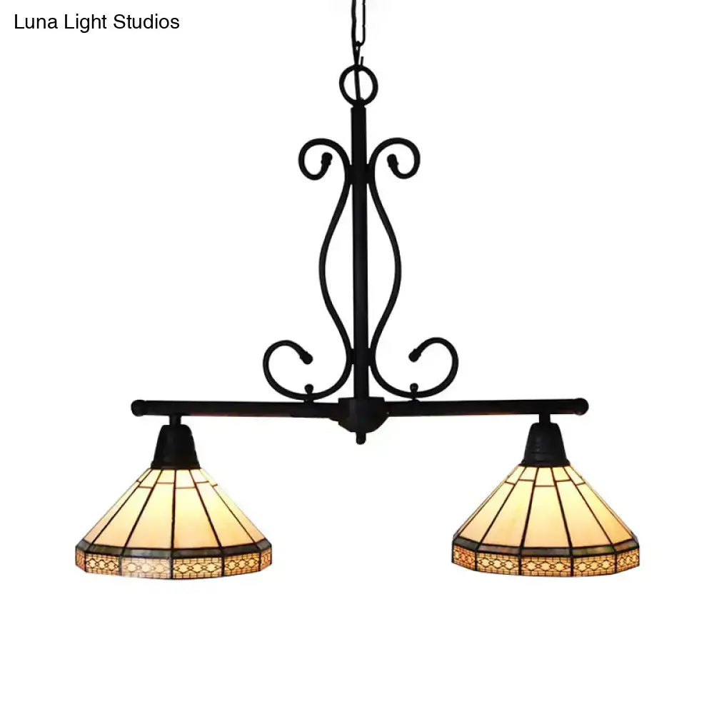 Decorbites™ beige tiffany style 2-headed ceiling light with black wrought iron and amber cream glass cone shades