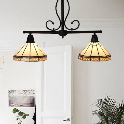 Black wrought iron DecorBites™ ceiling light with two amber glass cone shades featuring geometric floral patterns