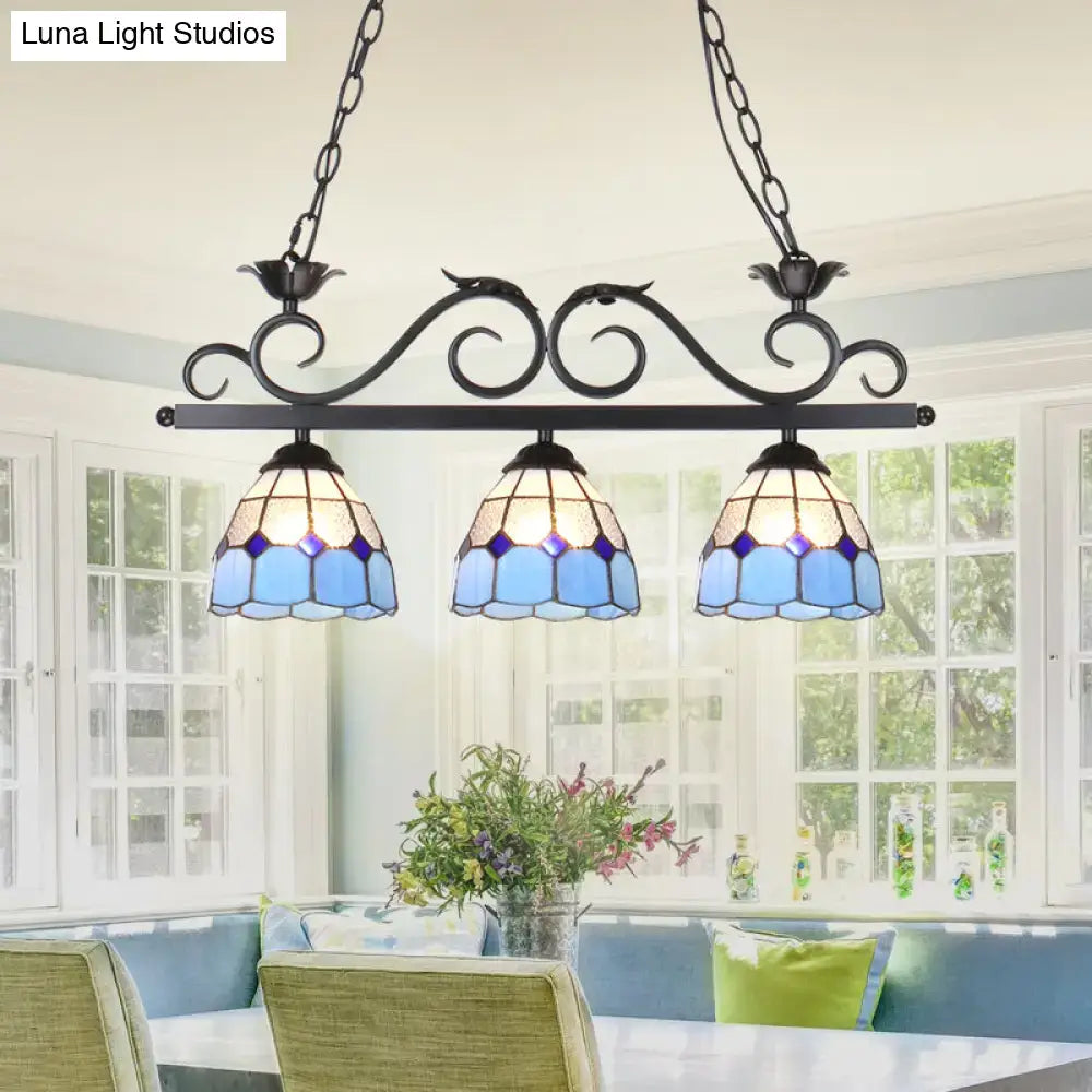 Decorbites™ stylish curved bird pendant light fixture with blue stained glass and black wrought iron frame suspension