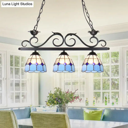 Decorbites™ stylish curved bird pendant light fixture with blue stained glass and black wrought iron frame suspension