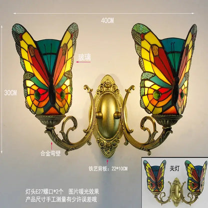 Vibrant butterfly glass sconces with gold-toned brass arms and backplate wall lamps for bedroom decorbites butterfly glass