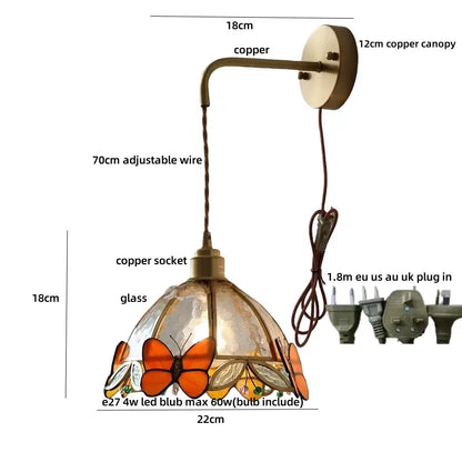 Decorbites tiffany butterfly wall lamp with decorative copper sconce and orange stained glass butterfly shade