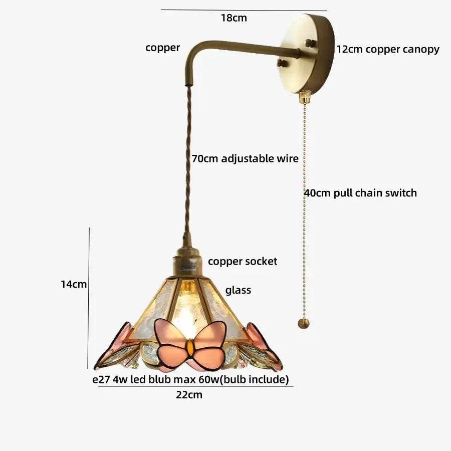 Decorbites tiffany butterfly wall lamp with copper sconce and pink peach stained glass shade for bedroom decorbites tiffany butterfly