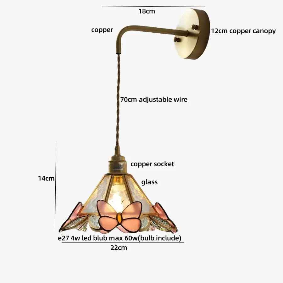 Delicate copper-finished wall lamp with tiffany butterfly glass shade featuring pink and peach butterfly motifs for decorbites