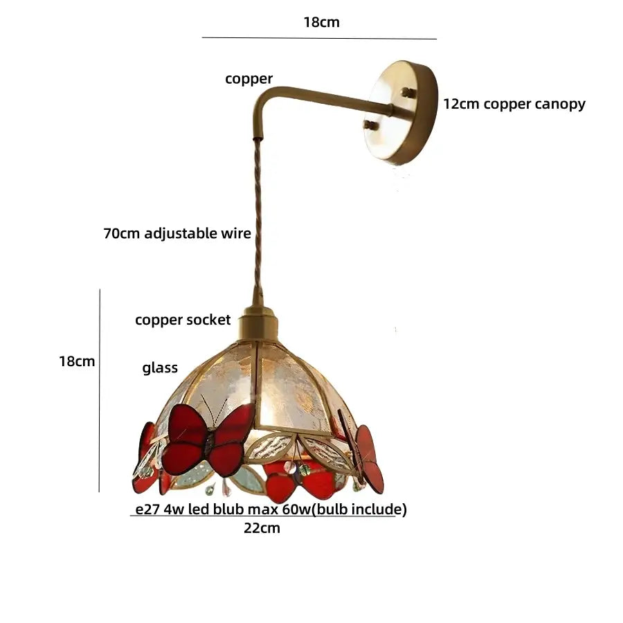 Decorbites tiffany butterfly wall lamp with copper sconce and red stained glass butterfly shade for bedroom decor