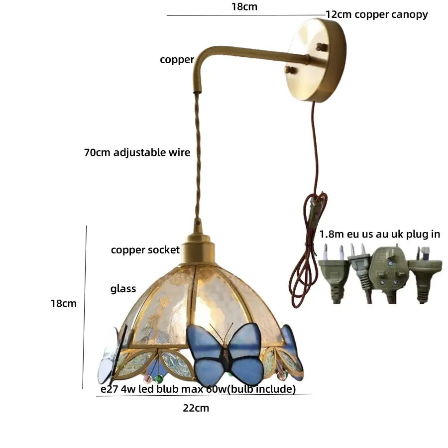 Decorbites tiffany butterfly wall lamp with copper sconce and blue stained glass shade for bedroom decorbites tiffany butterfly
