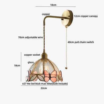 Decorbites tiffany butterfly wall lamp with copper base and pink stained glass butterfly shade for bedroom decor