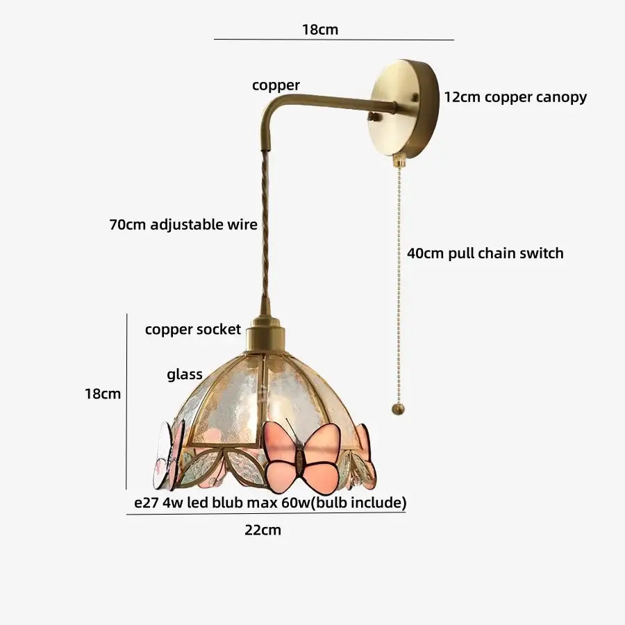 Decorbites tiffany butterfly wall lamp with copper base and pink stained glass butterfly shade for bedroom decor