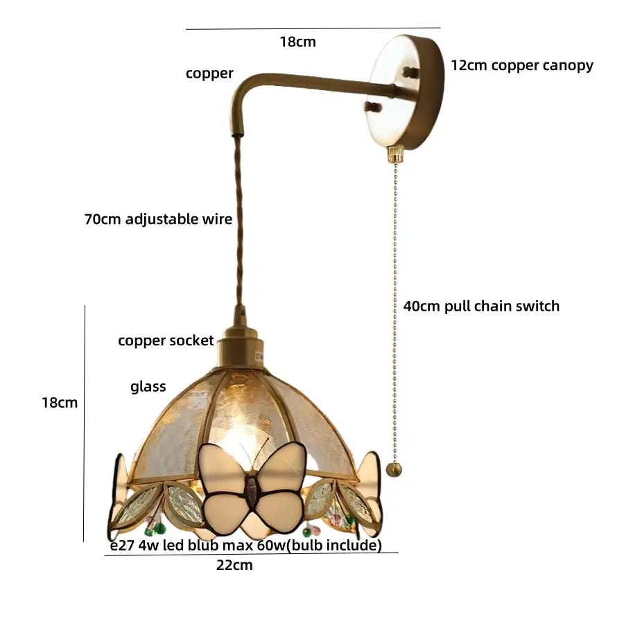 Antique brass-finished decorbites tiffany butterfly glass wall lamp with red led light and copper canopy for bedroom decor