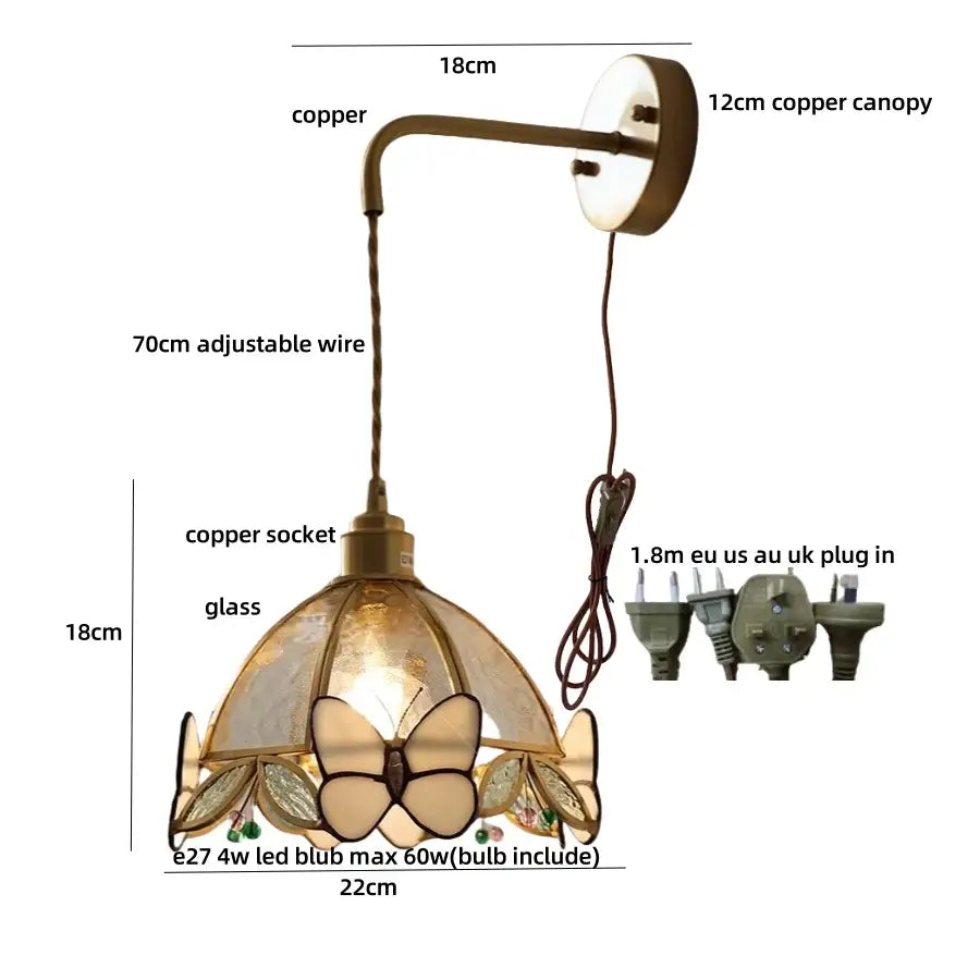 Antique-style decorbites tiffany butterfly wall lamp with copper sconce and red stained glass dome with led bulb