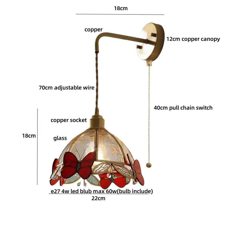 Copper-finished decorbites tiffany butterfly wall lamp with stained glass red and gold butterfly motifs for bedroom decor
